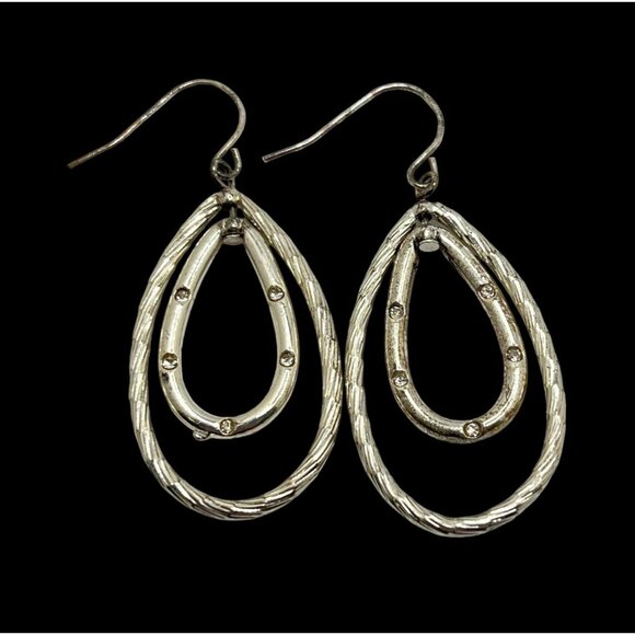 Double Teardrop Dangle Earrings Dangle Silver Tone Vintage Drop Rhinestones - Picture 5 of 6